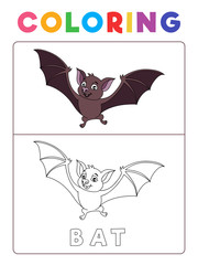 Funny Bat Coloring Book with Example. Preschool worksheet for practicing fine colors recognition skill. Vector Animal Cartoon Illustration for Children.