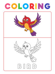 Funny Bird Coloring Book with Example. Preschool worksheet for practicing fine colors recognition skill. Vector Animal Cartoon Illustration for Children.