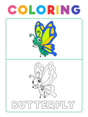 Funny Butterfly Coloring Book with Example. Preschool worksheet for practicing fine colors recognition skill. Vector Animal Cartoon Illustration for Children.