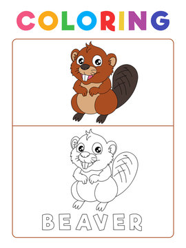 Funny Beaver Coloring Book with Example. Preschool worksheet for practicing fine colors recognition skill. Vector Animal Cartoon Illustration for Children.