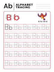 Letter B Alphabet Tracing Book with Example and Funny Bird Cartoon. Preschool worksheet for practicing fine motor skill. Vector Animal Illustration for Children.