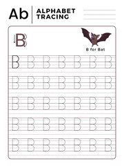 Letter B Alphabet Tracing Book with Example and Funny Bat Cartoon. Preschool worksheet for practicing fine motor skill. Vector Animal Illustration for Children.