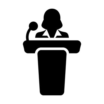 recommend clip art: Public Speaking Icon Vector Female Person on Podium for Presentation and Seminar for People with Microphone in Glyph Pictogram Symbol illustration