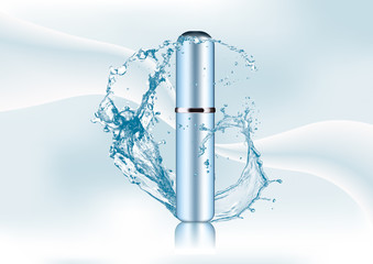Advertising page of the magazine. Splash of water,empty realistic blue metallic package for cosmetic products tube,perfume flacon on an abstract stylish gradient background. Vector illustration.