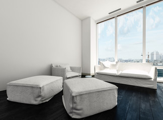 Comfy minimalist monochrome white living room