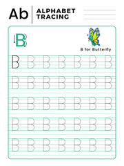 Letter B Alphabet Tracing Book with Example and Funny Butterfly Cartoon. Preschool worksheet for practicing fine motor skill. Vector Animal Illustration for Children.