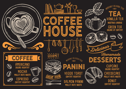 Coffee restaurant menu. Vector drink flyer for bar and cafe. Design template with vintage hand-drawn food illustrations.