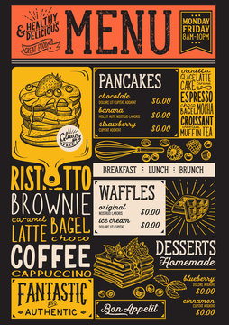 Waffles and crepes restaurant menu. Vector pancake food flyer for bar and cafe. Design template with vintage hand-drawn illustrations.