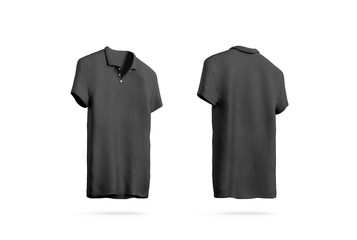 Blank black polo shirt mockup isolated, front and back side view, 3d rendering. Empty sport t-shirt uniform mock up. Plain clothing design template. Cotton clear dress with collar and short sleeves