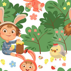 Seamless pattern girl smile playing with chickens under flowers bush, baby in apron with rabbit ears headband, easter bunny mask for costume vector illustration, spring holiday fun isolated on white