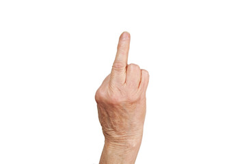 Senior female gesture language, hands signs isolated on solid white background. Old female in her seventies / eighties showing arms forearms.