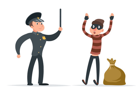 Caught thief surrender loot policeman character cartoon design vector illustration