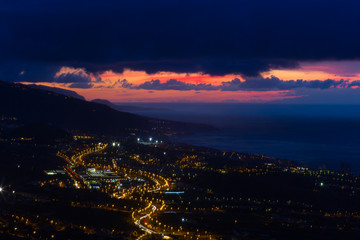 Fototapeta premium Atlantic coast in Tenerife, Spain, Europe. La orotova valley. Night top panoramic view.
