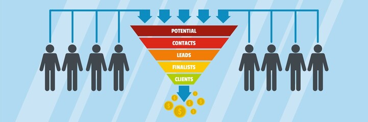 Funnel of sales banner. Flat illustration of funnel of sales vector banner for web