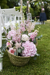 flower arrangement in an open-air wedding ceremony