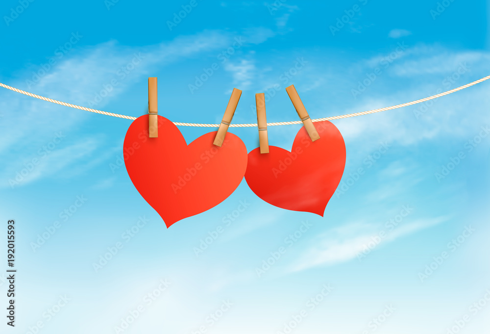 Aufkleber two hearts hanging on a rope in front of a sky. valentine's day vector.