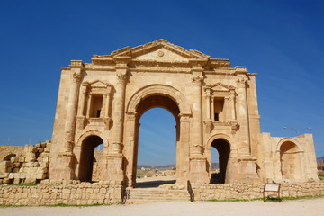Fototapeta na wymiar Hadrian's Arch, Emperor Hadrian in the archaeological city of Jerash, one of the world's largest sites of Roman architecture, Gerasa, Jerash, Jordan