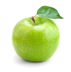 green apple with leaves isolated on white background