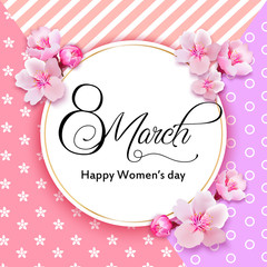8 march international women's day background with flowers. Cherry blossoms romantic design. Vector