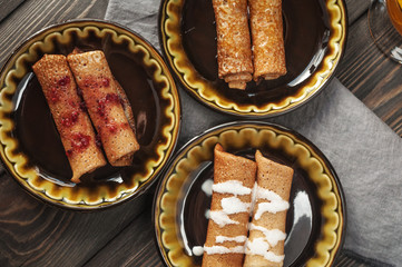 Delicious pancakes with sweet fillings. Maslenitsa.