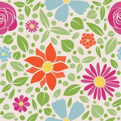 Seamless pattern with hand drawn flowers in retro style. Mother's Day, Woman's Day and Valentine's Day. Vector..