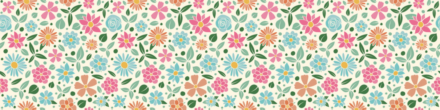 Vintage banner with hand dran flowers - seamless pattern. Vector.