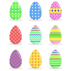 Vector set of colorful Easter eggs in flat style with different decor. Isolated on white background.