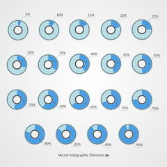 5 10 15 20 25 30 35 40 45 50 55 60 65 70 75 80 85 90 95 percent pie chart symbols. Percentage vector infographics. Isolated circle icons. Illustration for business, finance, design