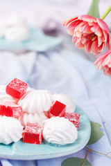 close-up of marshmallows and red marmalade