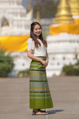 beautiful woman thai traditional culture, Asian woman wearing traditional Thai culture at countryside