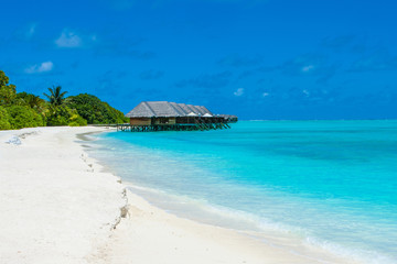 Fototapeta premium Beautiful sandy beach and over water tropical bungalo