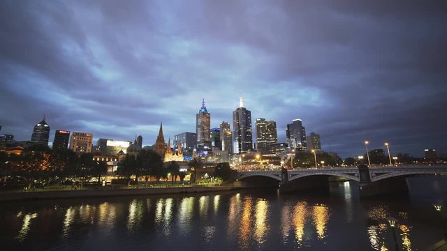 ultra wide view of melbourne city and the yarra river at dusk in the australian state of victoria