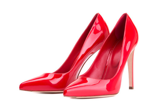 Women's shoes in red patent leather. Red high-heeled shoes.