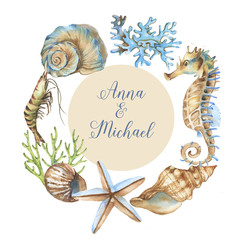 Hand-drawn watercolor underwater background. Tender frame with marine objects. Sea template for greeting card, wedding invitation, advertisement, banner, poster, flyer. - 192021131