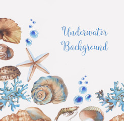 Hand-drawn watercolor underwater background. Tender frame with marine objects. Sea template for greeting card, wedding invitation, advertisement, banner, poster, flyer. - 192021151