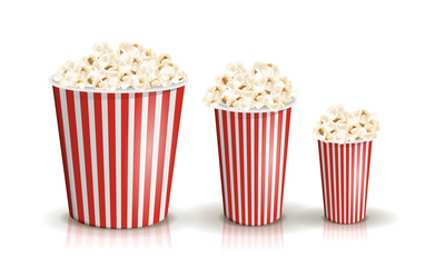 Vector set of full red-and-white striped popcorn buckets in different sizes. Realistic illustration. Big, middle, small portions of popcorn. Cardboard or paper buckets. Cinema snack or movie food. - obrazy, fototapety, plakaty