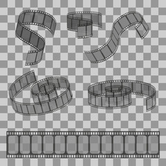 Set of rolled filmstrip rolls. Group of realistic movie and cinema elements or objects on the transparent effect background.