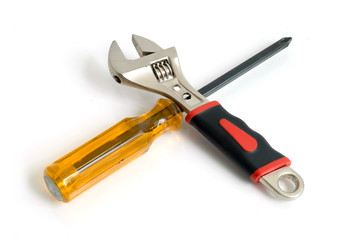 wrench, screwdriver Set of tools and instruments on white background.
