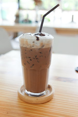 Ice coffee in a glass cup