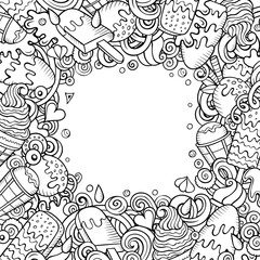 Cartoon vector hand-drawn doodles Ice Cream frame illustration.