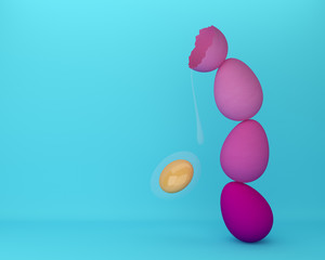 egg pink pastel with yolk on blues pastel background. minimal food concept. An idea creative to produce work within an advertising marketing communications or artwork design. easter day