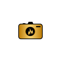 Abstract gold camera photography with fire flame on a lens logo design template vector