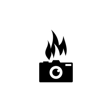 Silhouette of camera photography with fire flame on a lens logo design template vector