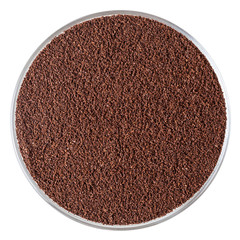 Ground roasted coffee beans in glass bowl isolated on white background with clipping path