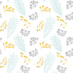 Fototapeta na wymiar Vector botanical seamless pattern with stylized berries, fern leaves and dill flowers.