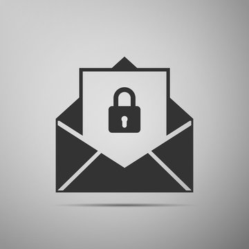 Secure mail icon isolated on grey background. Mailing envelope locked with padlock. Flat design. Vector Illustration