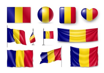 Set Romania flags, banners, banners, symbols, flat icon. Vector illustration of collection of national symbols on various objects and state signs - obrazy, fototapety, plakaty