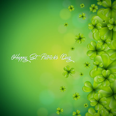 Saint Patricks Day Background Design with falling clovers leaf background. Irish Holiday Vector Illustration for Greeting Card, Party Invitation or Promo Banner.