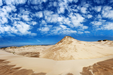 Fototapeta na wymiar Sand dunes on a blue sky background and clouds in the Polish town of łeba.