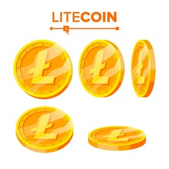 Litecoin Gold Coins Vector Set. Flip Different Angles. Litecoin Virtual Money. Digital Currency. Isolated Flat illustration